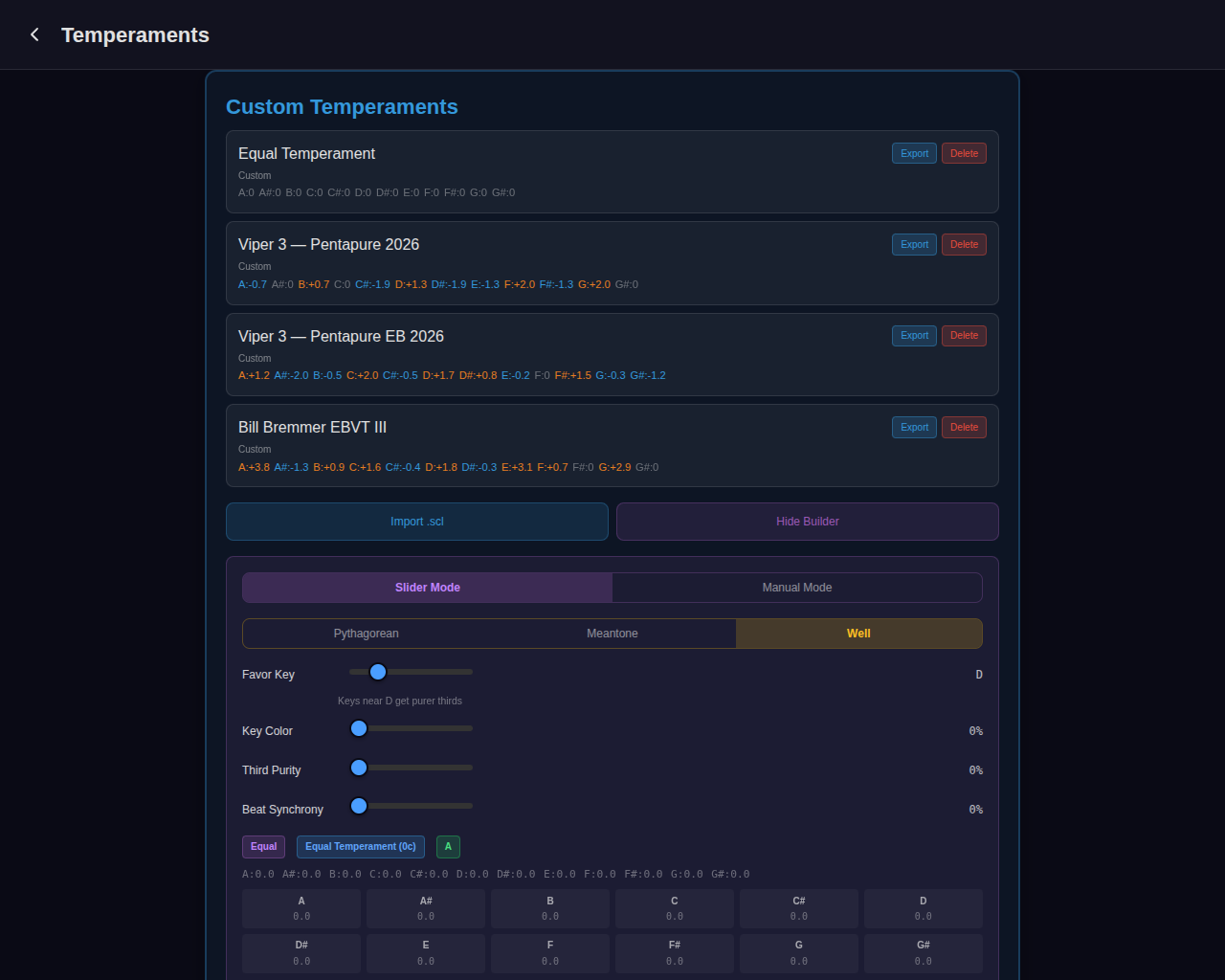 Custom temperaments and slider builder